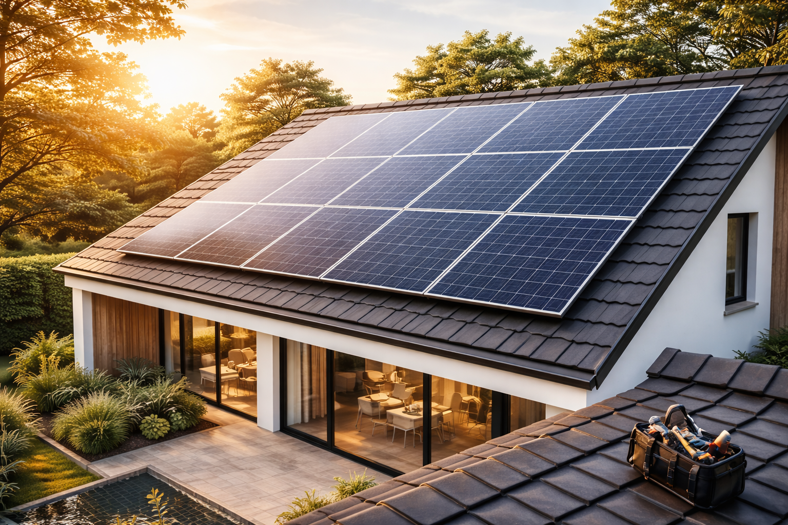 Painéis fotovoltaicos instalados numa cobertura residencial